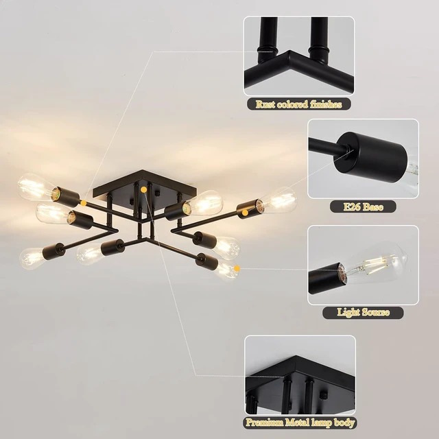 Alt view image 5 of 6 - ASGYISA 8-Lights Semi Flush Mount Ceiling Light Fixture Modern Metal Black Sputnik Chandeliers with E26 Bulb Base Close to Ceiling Light for Kitchen Dining Room Living Room Hallway Bedroom