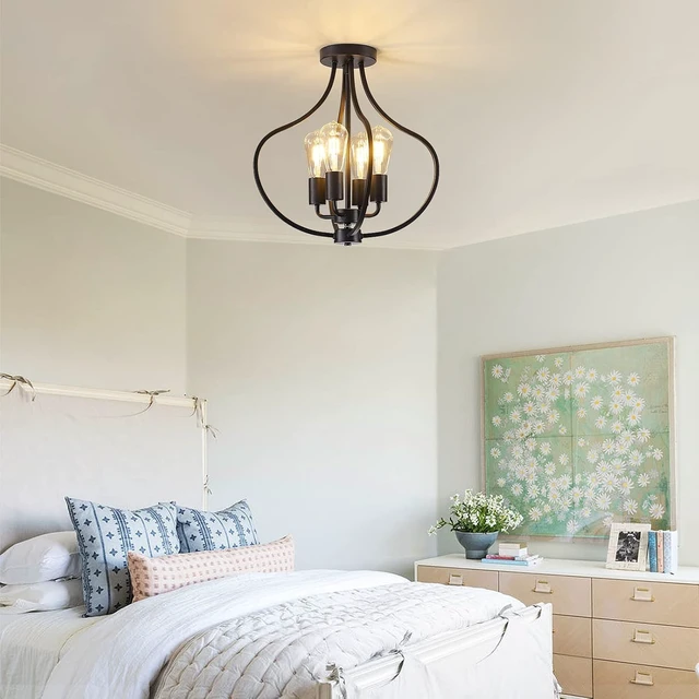 Alt view image 4 of 7 - 4-Light Farmhouse Semi Flush Mount Ceiling Light, Black Light Fixture,Modern Industrial Flush Mount Chandelier for Kitchen Island Dining Room Bedroom Living Room Foyer Hallway Entryway