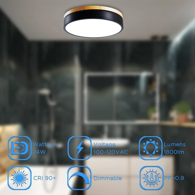 Alt view image 6 of 7 - Dimmable LED Wood Flush Mount Ceiling Light Fixture 3000-6000K Tunnable 12 Inch, 24W Modern Close to Ceiling Light, Bedroom Light for Kitchen, Hallway, Black, Type B 5CCT