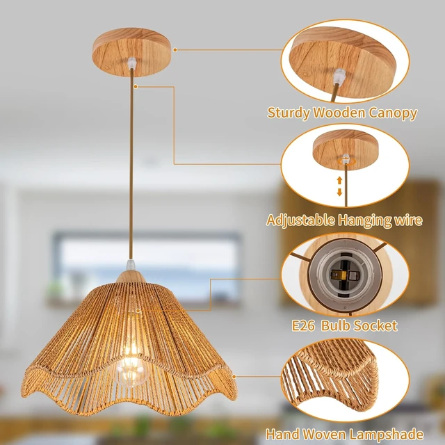Alt view image 7 of 7 - D12.5 Inch Boho Light Fixtures Boho Rattan Pendant Light Flush Mount Mini Chandelier Woven Hanging Light Fixture for Bedroom Hallway Entryway Nursery Kitchen Island