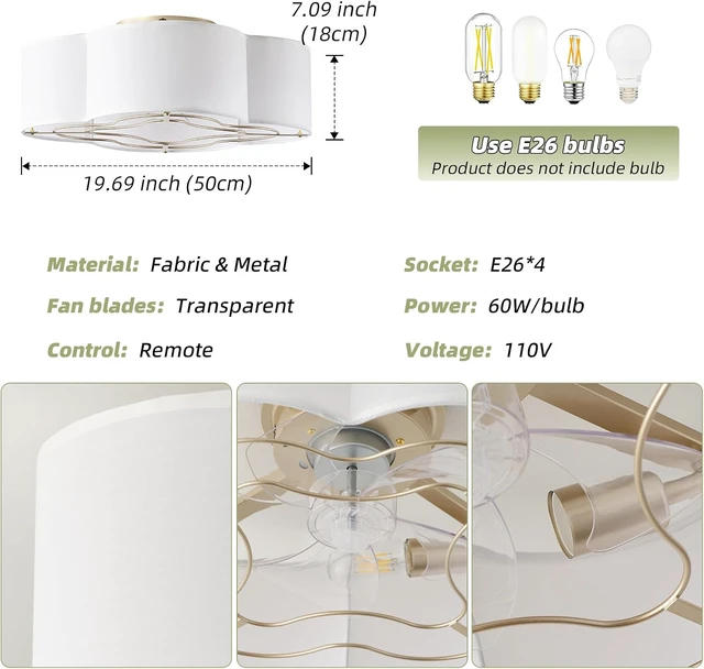 Alt view image 5 of 7 - Caged Ceiling Fan with Light, Boho Flush Mount Ceiling Fan with Lights Remote Control, Rattan with 6 Speeds for Bedroom, Living Room, Foyer, Nursery