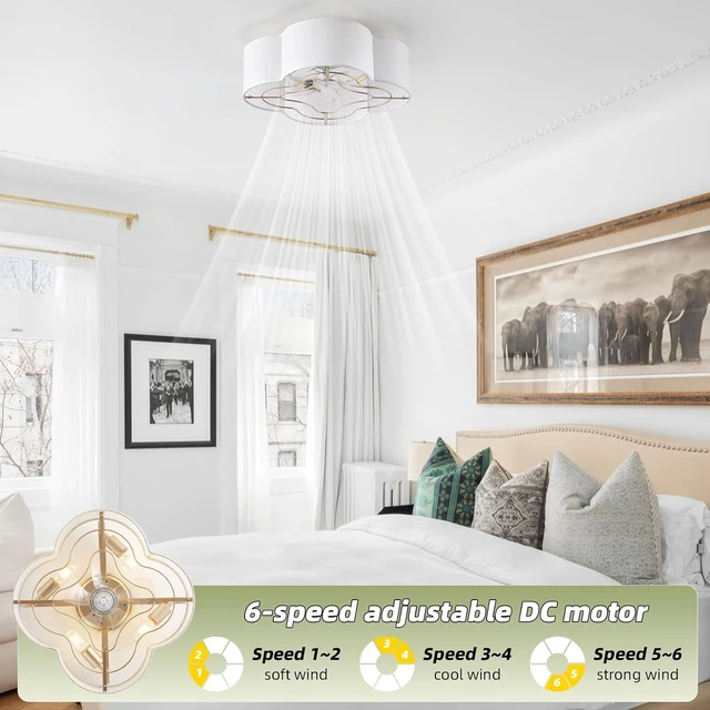 Alt view image 2 of 7 - Caged Ceiling Fan with Light, Boho Flush Mount Ceiling Fan with Lights Remote Control, Rattan with 6 Speeds for Bedroom, Living Room, Foyer, Nursery
