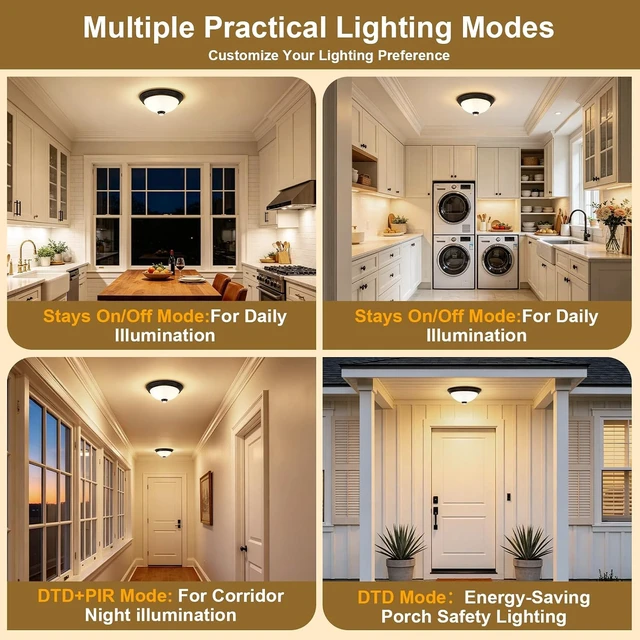Alt view image 6 of 7 - Outdoor Motion Sensor Flush Mount Ceiling Light with 6 Modes and 2 Bulbs