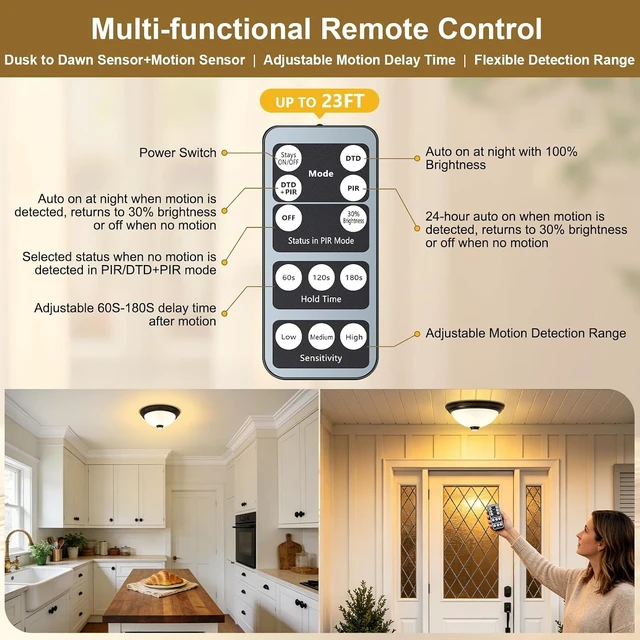 Alt view image 2 of 7 - Outdoor Motion Sensor Flush Mount Ceiling Light with 6 Modes and 2 Bulbs