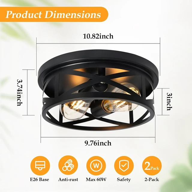 Alt view image 2 of 7 - 2-Light Flush Mount Ceiling Light Fixture, Farmhouse Ceiling Lights for Kitchen, Modern Black Close to Ceiling Light for Hallway Bedroom Balcony Porch Stairway, E26, (2 Pack)