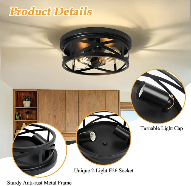 Alt view image 3 of 7 - 2-Light Flush Mount Ceiling Light Fixture, Farmhouse Ceiling Lights for Kitchen, Modern Black Close to Ceiling Light for Hallway Bedroom Balcony Porch Stairway, E26, (2 Pack)