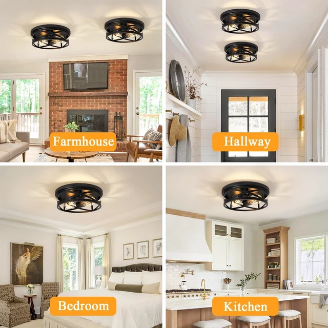 Alt view image 4 of 7 - 2-Light Flush Mount Ceiling Light Fixture, Farmhouse Ceiling Lights for Kitchen, Modern Black Close to Ceiling Light for Hallway Bedroom Balcony Porch Stairway, E26, (2 Pack)