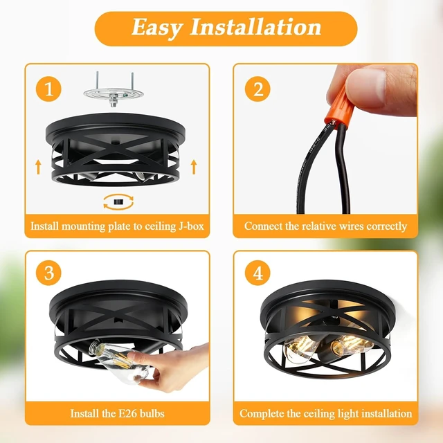 Alt view image 5 of 7 - 2-Light Flush Mount Ceiling Light Fixture, Farmhouse Ceiling Lights for Kitchen, Modern Black Close to Ceiling Light for Hallway Bedroom Balcony Porch Stairway, E26, (2 Pack)