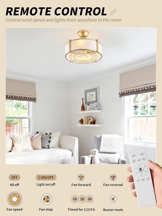 Alt view image 3 of 7 - SYDACG 20" Caged Ceiling Fans with Lights, Gold Fandelier Ceiling Fan with Light, Boho Chandelier Fan Remote Control, 6 Speeds for Bedroom, Nursery, Living Room
