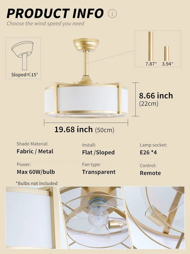 Alt view image 7 of 7 - SYDACG 20" Caged Ceiling Fans with Lights, Gold Fandelier Ceiling Fan with Light, Boho Chandelier Fan Remote Control, 6 Speeds for Bedroom, Nursery, Living Room