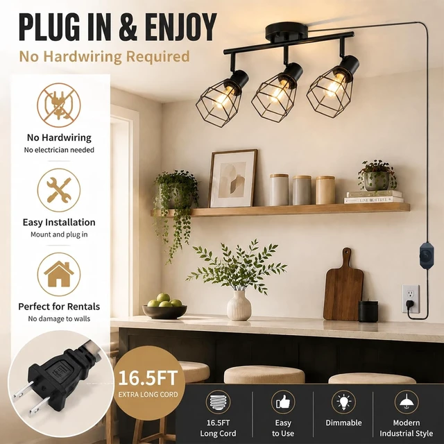 Alt view image 2 of 7 - Dimmable Plug in Ceiling Light,Plug in Track Lighting,3 Light Black-B Industrial Farmhouse Ceiling Light with 16.5' Cord,Adjustable Rotatable Cage Lamp Heads,E26 Base(Bulbs Not Included)