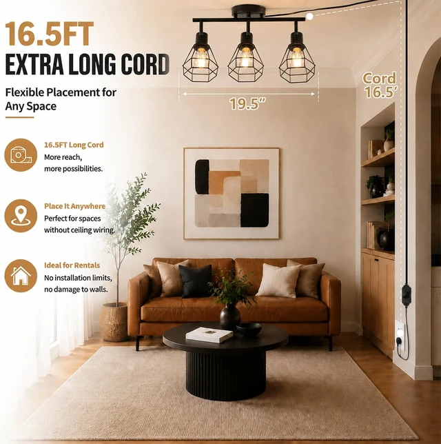 Alt view image 3 of 7 - Dimmable Plug in Ceiling Light,Plug in Track Lighting,3 Light Black-B Industrial Farmhouse Ceiling Light with 16.5' Cord,Adjustable Rotatable Cage Lamp Heads,E26 Base(Bulbs Not Included)