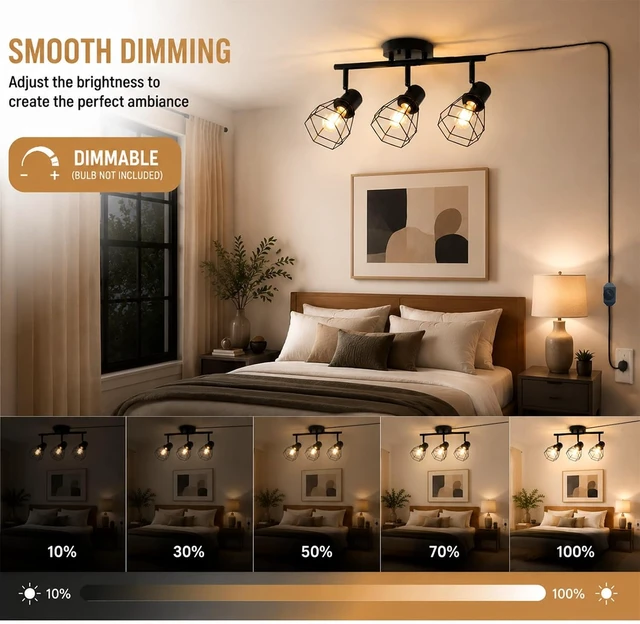 Alt view image 4 of 7 - Dimmable Plug in Ceiling Light,Plug in Track Lighting,3 Light Black-B Industrial Farmhouse Ceiling Light with 16.5' Cord,Adjustable Rotatable Cage Lamp Heads,E26 Base(Bulbs Not Included)