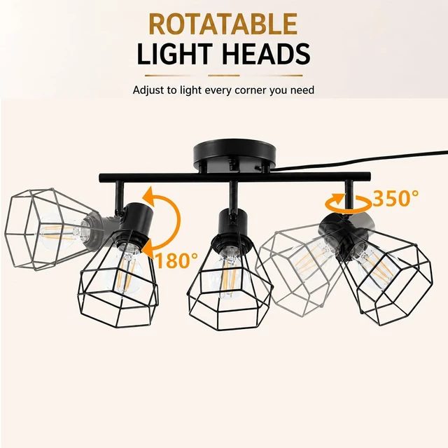 Alt view image 6 of 7 - Dimmable Plug in Ceiling Light,Plug in Track Lighting,3 Light Black-B Industrial Farmhouse Ceiling Light with 16.5' Cord,Adjustable Rotatable Cage Lamp Heads,E26 Base(Bulbs Not Included)