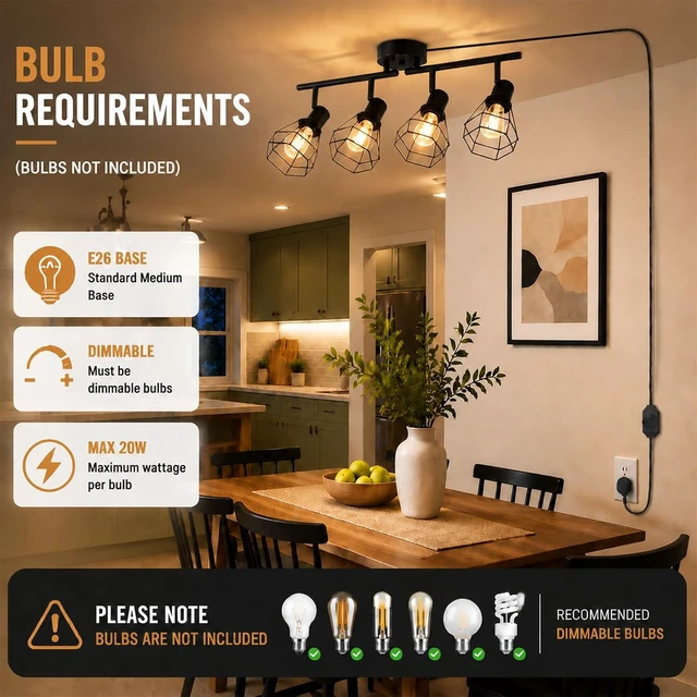 Alt view image 5 of 7 - Dimmable Plug in Ceiling Light,Plug in Track Lighting,3 Light Black-B Industrial Farmhouse Ceiling Light with 16.5' Cord,Adjustable Rotatable Cage Lamp Heads,E26 Base(Bulbs Not Included)