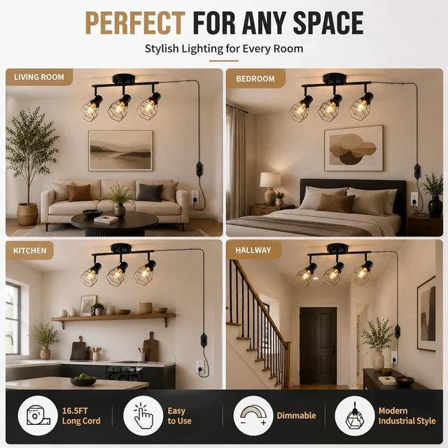 Alt view image 7 of 7 - Dimmable Plug in Ceiling Light,Plug in Track Lighting,3 Light Black-B Industrial Farmhouse Ceiling Light with 16.5' Cord,Adjustable Rotatable Cage Lamp Heads,E26 Base(Bulbs Not Included)