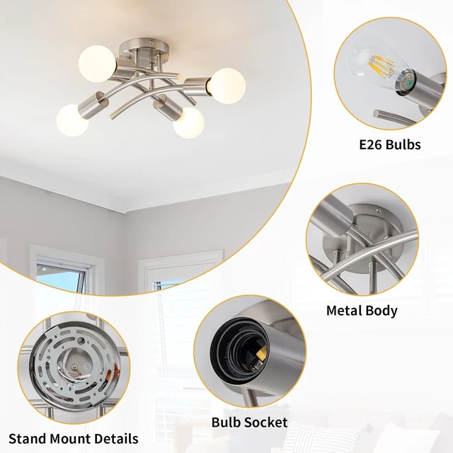 Alt view image 3 of 7 - WILON 4-Light Modern Semi Flush Mount Ceiling Light Fixture, Brushed Nickel