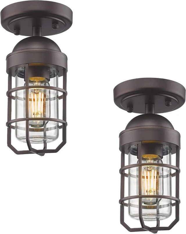 Main image of Emliviar 2 Pack Farmhouse Semi Flush Mount Ceiling Lights, Small Ceiling Lights for Porch, Clear Tempered Glass in Oil Rubbed Bronze Finish, GE255F-2PK ORB