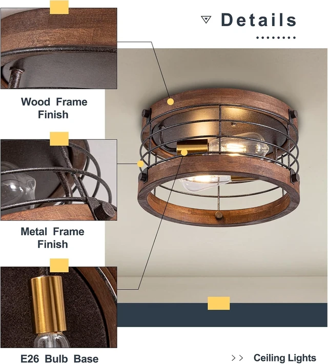 Alt view image 2 of 6 - Farmhouse Flush Mount Ceiling Light, 12.6 Inch 2-Light Metal and Wood Close to Ceiling Light Fixture, Rustic Drum Semi Ceiling Light for Kitchen, Dining Room, Living Room, Hallway, Entryway
