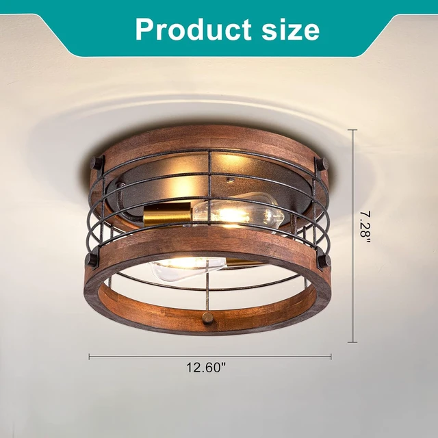 Alt view image 3 of 6 - Farmhouse Flush Mount Ceiling Light, 12.6 Inch 2-Light Metal and Wood Close to Ceiling Light Fixture, Rustic Drum Semi Ceiling Light for Kitchen, Dining Room, Living Room, Hallway, Entryway