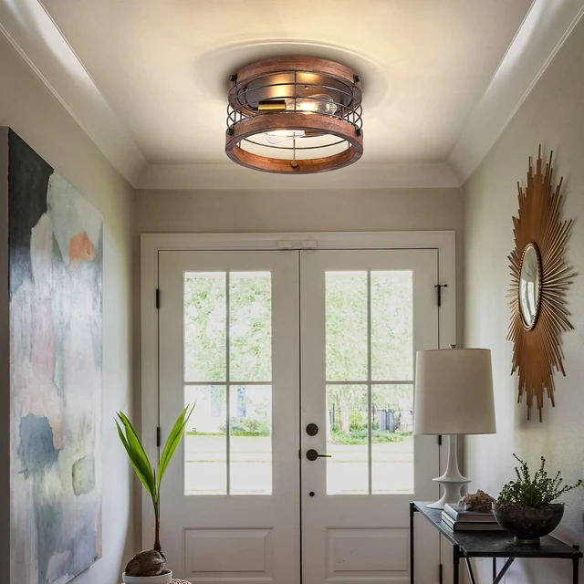 Alt view image 5 of 6 - Farmhouse Flush Mount Ceiling Light, 12.6 Inch 2-Light Metal and Wood Close to Ceiling Light Fixture, Rustic Drum Semi Ceiling Light for Kitchen, Dining Room, Living Room, Hallway, Entryway