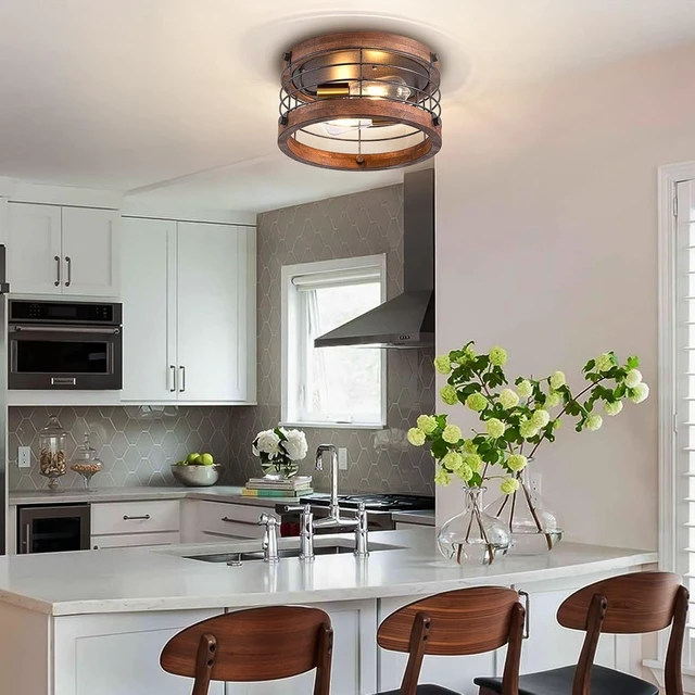 Alt view image 6 of 6 - Farmhouse Flush Mount Ceiling Light, 12.6 Inch 2-Light Metal and Wood Close to Ceiling Light Fixture, Rustic Drum Semi Ceiling Light for Kitchen, Dining Room, Living Room, Hallway, Entryway