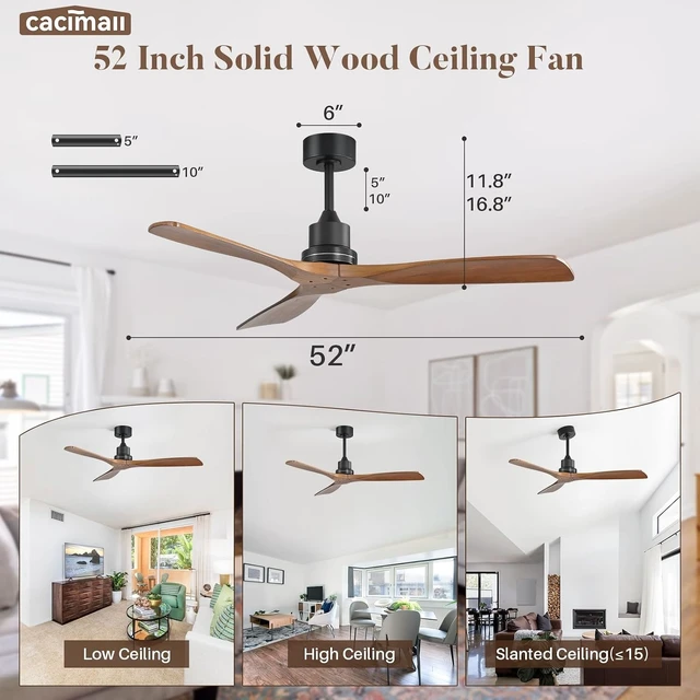 Alt view image 2 of 7 - CACI Mall Wood Ceiling Fan no Light, Walnut, 52" Ceiling Fan Without Light, Remote Control, Solid Wood 3 Blade Ceiling Fans, Bedroom, Living Room, Farmhouse, Porch