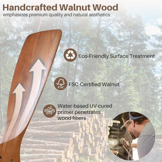 Alt view image 3 of 7 - CACI Mall Wood Ceiling Fan no Light, Walnut, 52" Ceiling Fan Without Light, Remote Control, Solid Wood 3 Blade Ceiling Fans, Bedroom, Living Room, Farmhouse, Porch