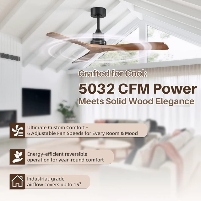 Alt view image 4 of 7 - CACI Mall Wood Ceiling Fan no Light, Walnut, 52" Ceiling Fan Without Light, Remote Control, Solid Wood 3 Blade Ceiling Fans, Bedroom, Living Room, Farmhouse, Porch