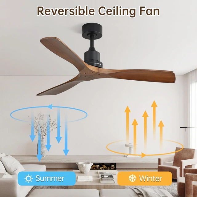Alt view image 5 of 7 - CACI Mall Wood Ceiling Fan no Light, Walnut, 52" Ceiling Fan Without Light, Remote Control, Solid Wood 3 Blade Ceiling Fans, Bedroom, Living Room, Farmhouse, Porch
