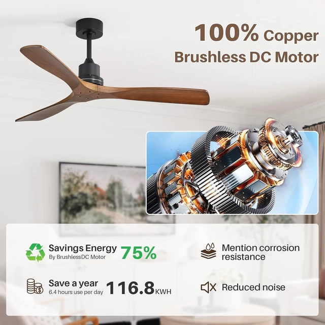 Alt view image 7 of 7 - CACI Mall Wood Ceiling Fan no Light, Walnut, 52" Ceiling Fan Without Light, Remote Control, Solid Wood 3 Blade Ceiling Fans, Bedroom, Living Room, Farmhouse, Porch