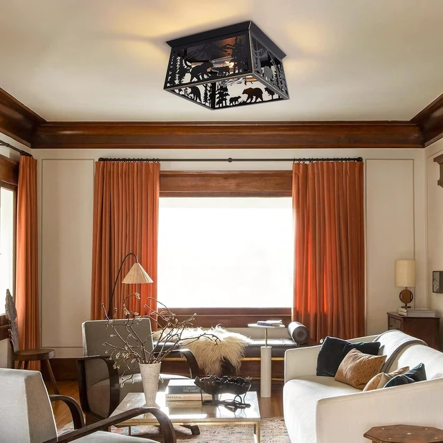 Alt view image 2 of 7 - Farmhouse Flush Mount Ceiling Light Fixture, 2-Light Bear Rustic Light Fixtures for Log Cabin Kitchen, Bedroom, Living Room, Outdoor Porch, and Foyer Entryway Lighting (Bulbs not Included)