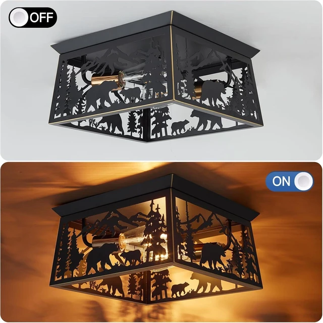 Alt view image 4 of 7 - Farmhouse Flush Mount Ceiling Light Fixture, 2-Light Bear Rustic Light Fixtures for Log Cabin Kitchen, Bedroom, Living Room, Outdoor Porch, and Foyer Entryway Lighting (Bulbs not Included)