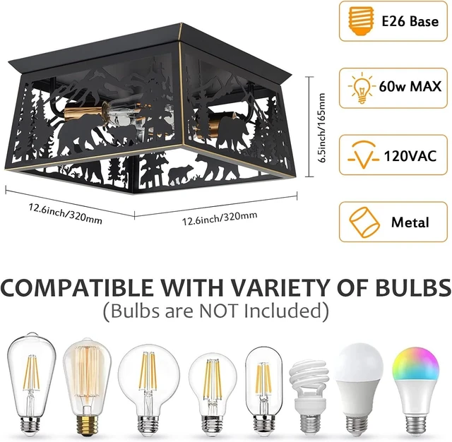 Alt view image 5 of 7 - Farmhouse Flush Mount Ceiling Light Fixture, 2-Light Bear Rustic Light Fixtures for Log Cabin Kitchen, Bedroom, Living Room, Outdoor Porch, and Foyer Entryway Lighting (Bulbs not Included)