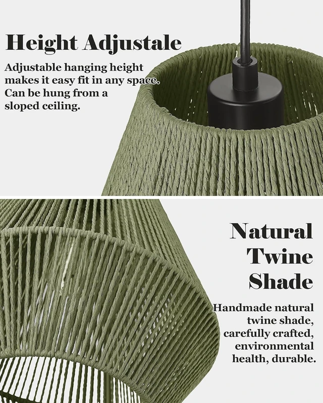 Alt view image 3 of 7 - ELYONA Woven Japandi Pendant Lights, 7 Rustic Rattan Hanging Lamp Adjustable Handwoven Basket Shade, Boho Pendant Light Fixtures for Kitchen Island, Dining Room, Bedroom, Farmhouse Bar Hallway, Green