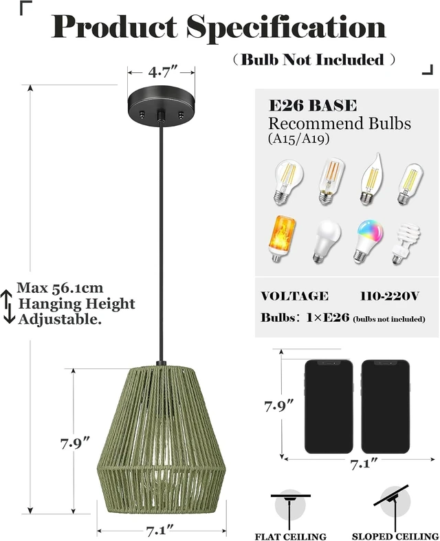 Alt view image 5 of 7 - ELYONA Woven Japandi Pendant Lights, 7 Rustic Rattan Hanging Lamp Adjustable Handwoven Basket Shade, Boho Pendant Light Fixtures for Kitchen Island, Dining Room, Bedroom, Farmhouse Bar Hallway, Green