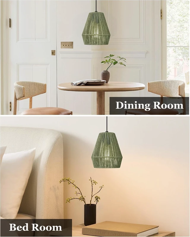 Alt view image 6 of 7 - ELYONA Woven Japandi Pendant Lights, 7 Rustic Rattan Hanging Lamp Adjustable Handwoven Basket Shade, Boho Pendant Light Fixtures for Kitchen Island, Dining Room, Bedroom, Farmhouse Bar Hallway, Green