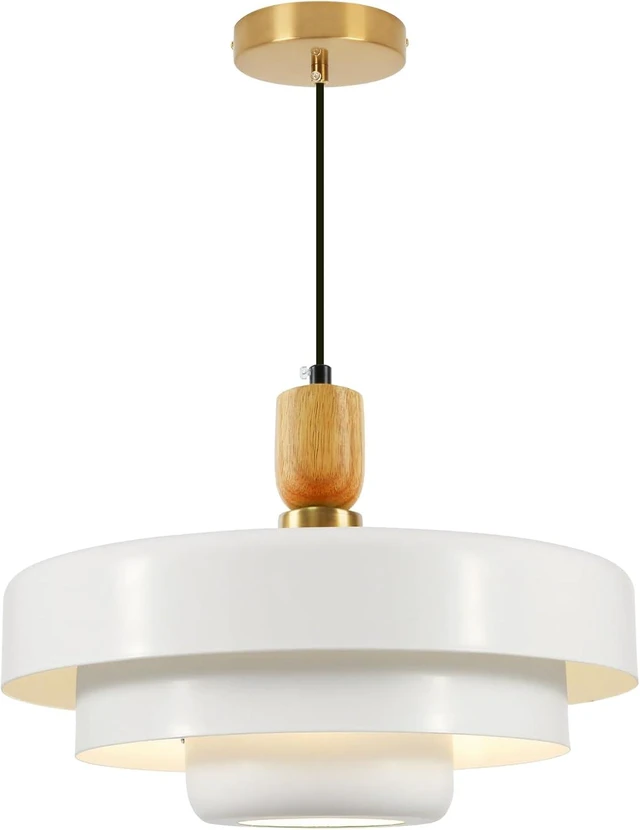 Main image of 3-Layer White Metal Shade Pendant Light, Mid Century Adjustable Hanging Light with Wood Gold Canopy, E26 Ceiling Pendant Lamp for Kitchen Table Over Sink Bedroom