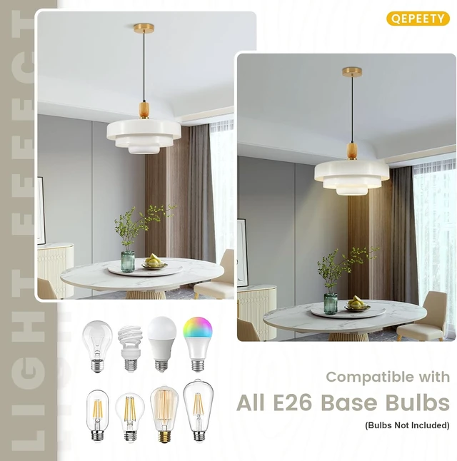 Alt view image 3 of 7 - 3-Layer White Metal Shade Pendant Light, Mid Century Adjustable Hanging Light with Wood Gold Canopy, E26 Ceiling Pendant Lamp for Kitchen Table Over Sink Bedroom
