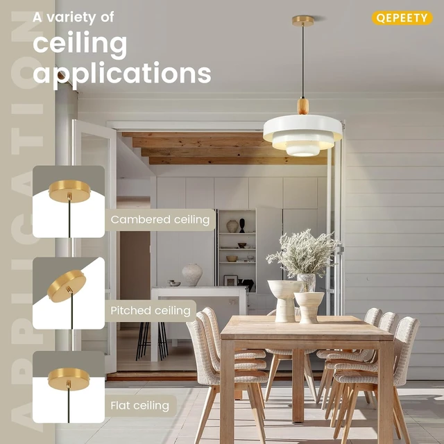 Alt view image 4 of 7 - 3-Layer White Metal Shade Pendant Light, Mid Century Adjustable Hanging Light with Wood Gold Canopy, E26 Ceiling Pendant Lamp for Kitchen Table Over Sink Bedroom