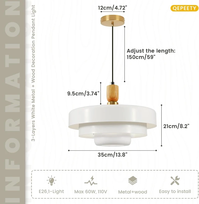 Alt view image 6 of 7 - 3-Layer White Metal Shade Pendant Light, Mid Century Adjustable Hanging Light with Wood Gold Canopy, E26 Ceiling Pendant Lamp for Kitchen Table Over Sink Bedroom