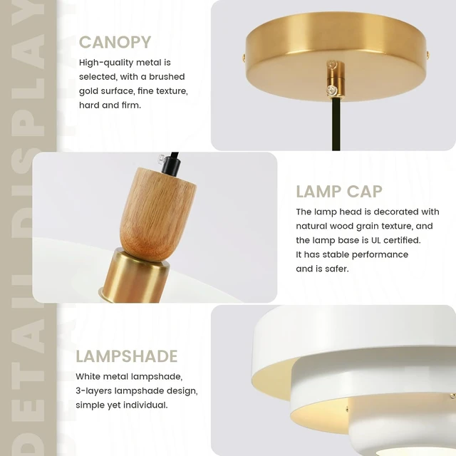 Alt view image 7 of 7 - 3-Layer White Metal Shade Pendant Light, Mid Century Adjustable Hanging Light with Wood Gold Canopy, E26 Ceiling Pendant Lamp for Kitchen Table Over Sink Bedroom
