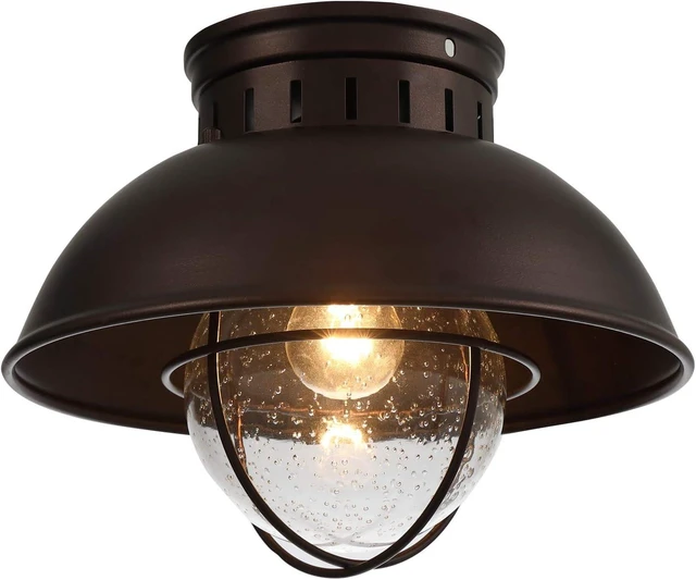 Main image of Outdoor Ceiling Light Farmhouse 10 Inch Flush Mount Ceiling Lights Fixture Oil Rubbed Bronze,Metal Cage Seeded Glass Semi Entry Hall Light Fixtures