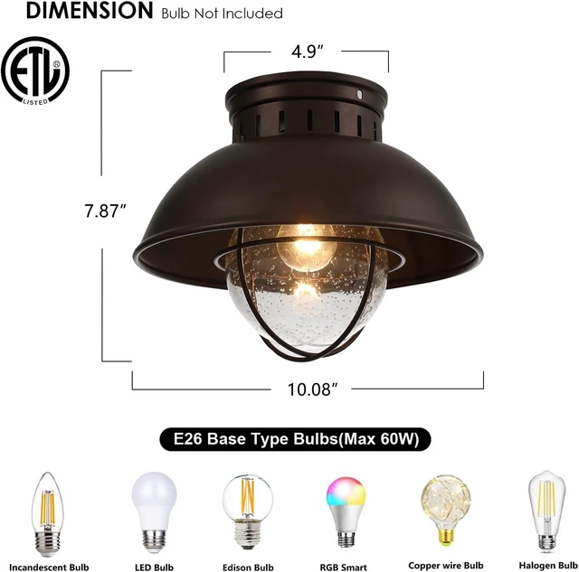 Alt view image 2 of 7 - Outdoor Ceiling Light Farmhouse 10 Inch Flush Mount Ceiling Lights Fixture Oil Rubbed Bronze,Metal Cage Seeded Glass Semi Entry Hall Light Fixtures