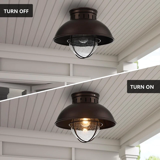 Alt view image 3 of 7 - Outdoor Ceiling Light Farmhouse 10 Inch Flush Mount Ceiling Lights Fixture Oil Rubbed Bronze,Metal Cage Seeded Glass Semi Entry Hall Light Fixtures