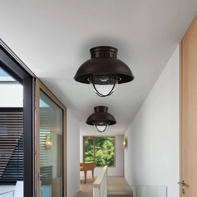 Alt view image 6 of 7 - Outdoor Ceiling Light Farmhouse 10 Inch Flush Mount Ceiling Lights Fixture Oil Rubbed Bronze,Metal Cage Seeded Glass Semi Entry Hall Light Fixtures