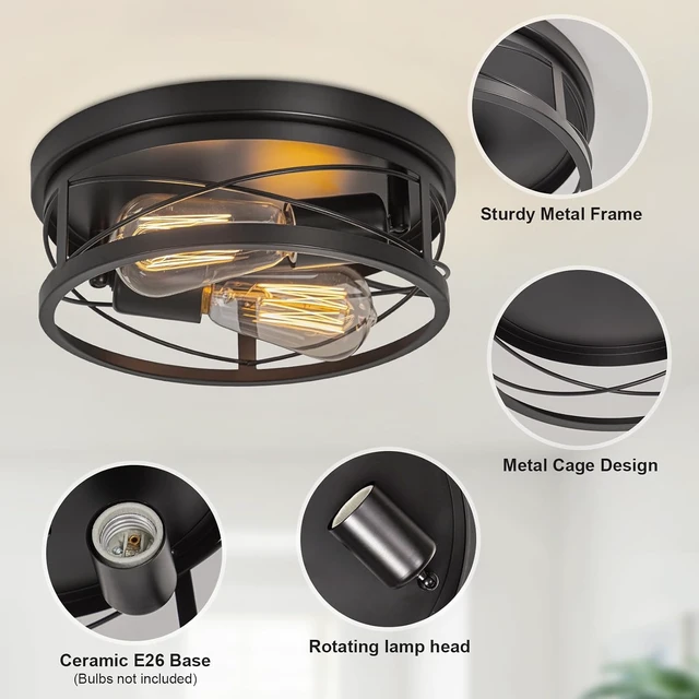 Alt view image 3 of 7 - foucasal 2-Light Round Metal Flush Mount Ceiling Light Black 10.23" Base