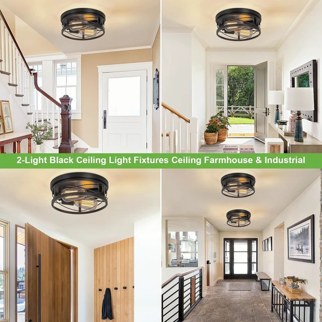Alt view image 4 of 7 - foucasal 2-Light Round Metal Flush Mount Ceiling Light Black 10.23" Base