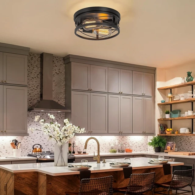 Alt view image 6 of 7 - foucasal 2-Light Round Metal Flush Mount Ceiling Light Black 10.23" Base