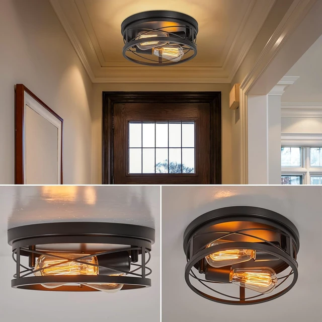 Alt view image 5 of 7 - foucasal 2-Light Round Metal Flush Mount Ceiling Light Black 10.23" Base